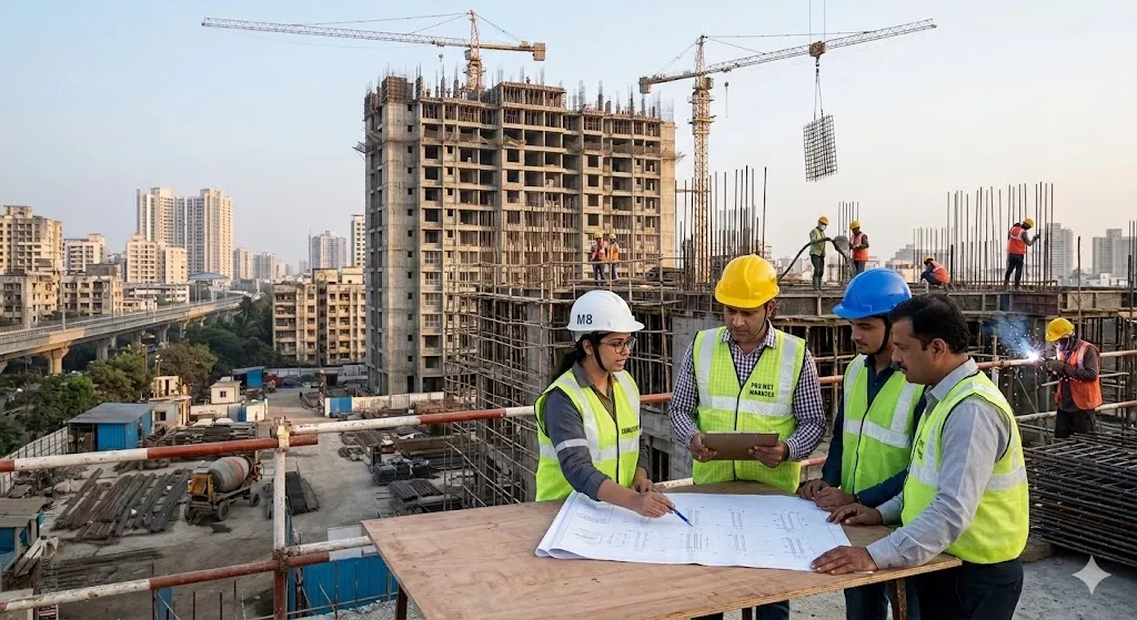 Project managers and engineers reviewing cluster redevelopment construction plans