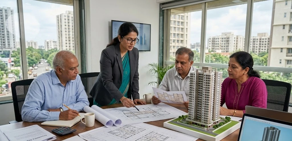 Housing society members reviewing redevelopment plans with a PMC consultant